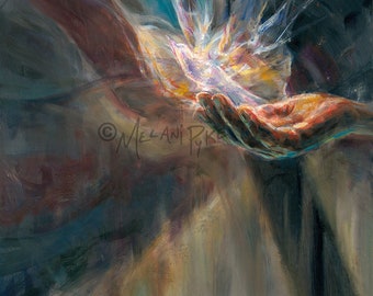 Bird of Light From Outstretched Hand - Abstract Original Oil Painting or Print; Spiritual Art by International Artist Melani Pyke