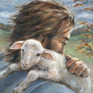 Art Print Jesus as Shepherd with Rescued Lamb over Shoulder and Autumn Trees / Spiritual Christian Faith Art