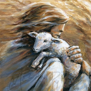Jesus as Shepherd Holding Lamb Over Shoulder Art Print, Christian, White & Beige, Sheep, Jesus Christ Spiritual Art