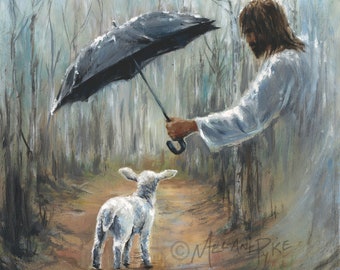 Umbrella Over Lamb on Difficult Path - Art Print - Jesus Christ as Shepherd with Sheep
