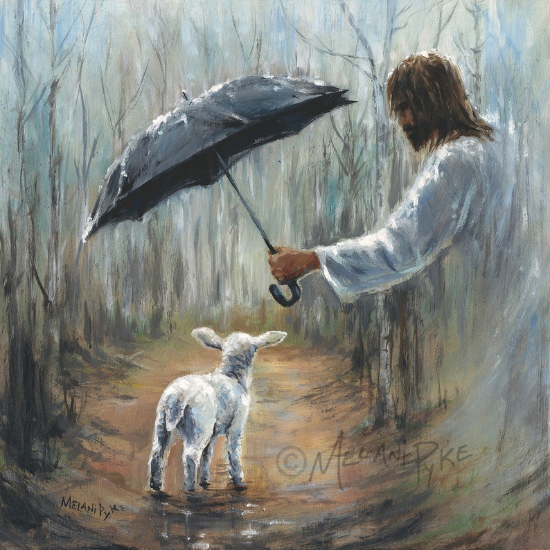 A painting of Jesus Christ holding a black umbrella over a white lamb walking on a dirt path through a grey forest.