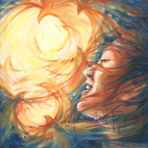 永遠を夢見るプリント - 長い髪の若い女性と太陽に向かって飛ぶ鳥の横顔の肖像画、油絵の現代アート