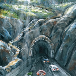 May include: A painting depicting a tunnel with cars driving through it. The tunnel is surrounded by grey rocks and a bright blue sky with white clouds. The painting is signed "Melanie Ryke".