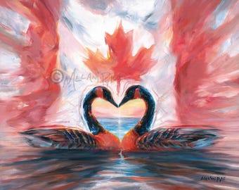 Canada Goose Heart - Print on Paper or Canvas - Canadian Flag with Two Birds and Sunset Art by Artist Melani Pyke