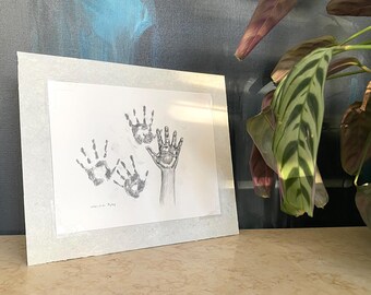 Original Drawing of Child's Hand Painting Handprints - Graphite pencil on paper original art 6x8 inches by artist Melani Pyke