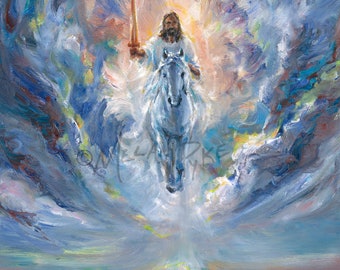 The Return of Jesus Christ on a White Horse Original Oil Painting or Print, Christian Art, Revelation, Heavenly Clouds