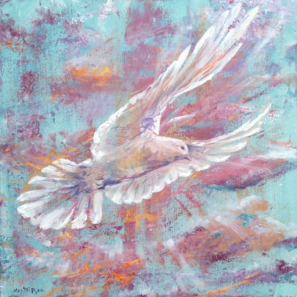 Peace colourful white dove in flight original painting on canvas / wall art in purple, turquoise