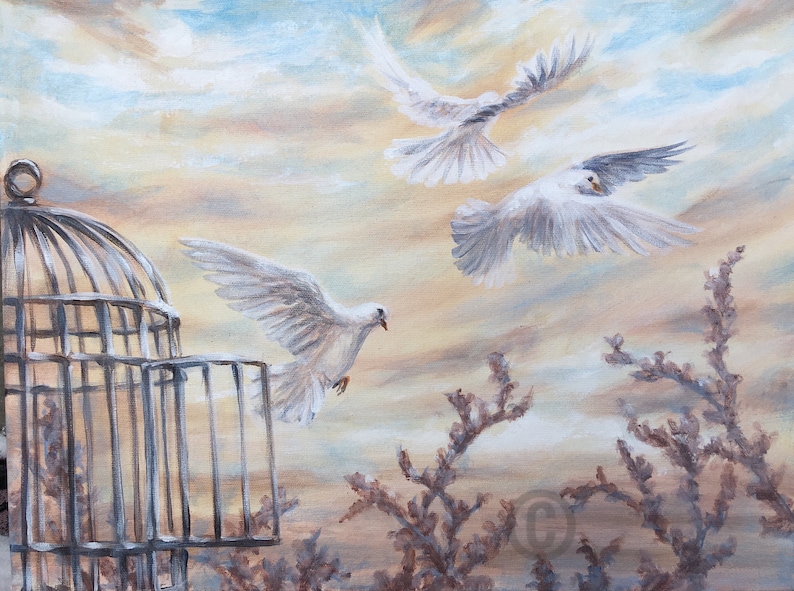 White Doves art print birds flying out of open cage sunset image 0