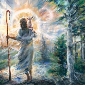 My Shepherd - Print of Christ Walking Through Forest Carrying Lamb, Christian Spiritual Art, Nature/Wildlife