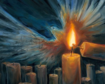 Candle Lighting Candle with Outstretched Wings - Abstract Original Oil Painting or Print; Spiritual Art by International Artist Melani Pyke