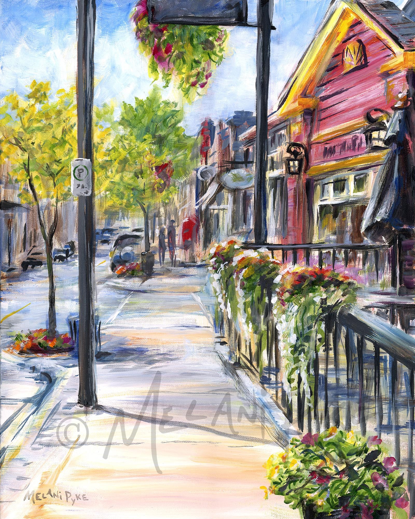 Summer Downtown Streetscape With Patio Cafe Painting or Print