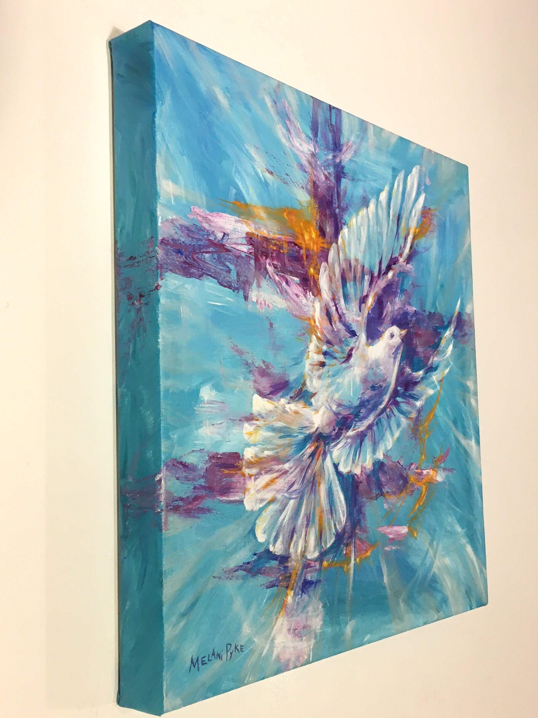 平和を創造する 飛んでいる白い鳩の絵画またはプリント ティールブルー
