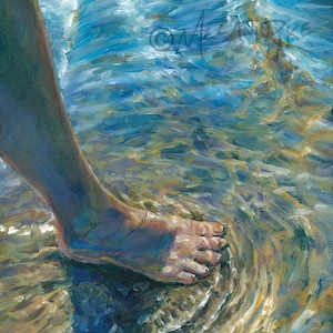 Oil Painting or Print - Foot in Water Shallow Beach, Summer Cottage Relaxation Art by Artist Melani Pyke
