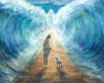 Parting the Waters to Lead Me Original Painting or Print of Jesus Christ & Lamb at Parted Sea, White Dove, Christian Art Spiritual Religious
