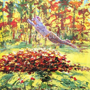 May include: A young person jumps into a pile of autumn leaves. The leaves are red, orange, and yellow. The background is a blurred image of trees with fall foliage.