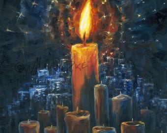 Light of the Candle - Original Oil Painting or Print of Candles with Night Sky Cityscape by Artist Melani Pyke