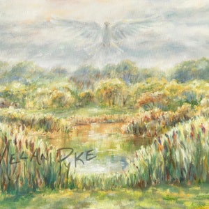 Dove over Pond Oil Painting, original art on canvas with pale green gold forest and meadow, peace symbol white dove, Holy Spirit, God's love