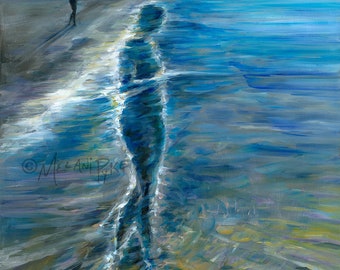 Oil Painting or Print: Lady of the Lake - Female Figure Walking on Beach and in Water, Modern Surrealist Landscape Art in Blue