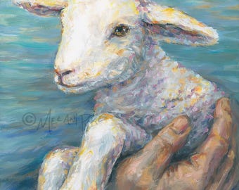 Lamb in Hands and Water, Original Oil Painting or Print on Canvas or Paper - Comfort and Encouragement Art by Melani Pyke