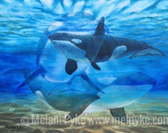 月の輝きと明るい星空の中で優雅に跳躍するシャチ。オリジナル油絵