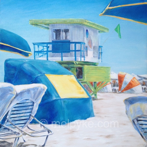 Beach original oil painting on canvas / lawn chairs, umbrellas, tents and lifeguard stand on white sand Miami Beach 16x20" hand made art