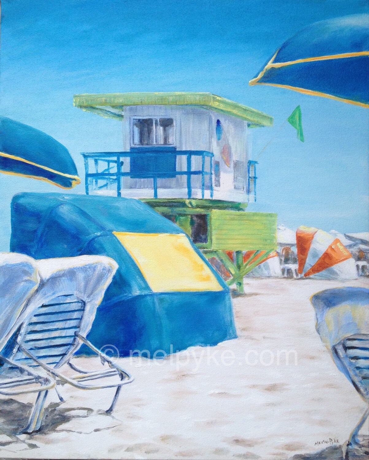 Beach Original Oil Painting on Canvas Lawn Chairs, Umbrellas
