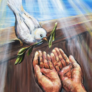 Noahs Arche Hände mit weißer Taube und Olivenzweig Original Kunst oder Druck, Acrylmalerei, Bibel Illustration für Kinder