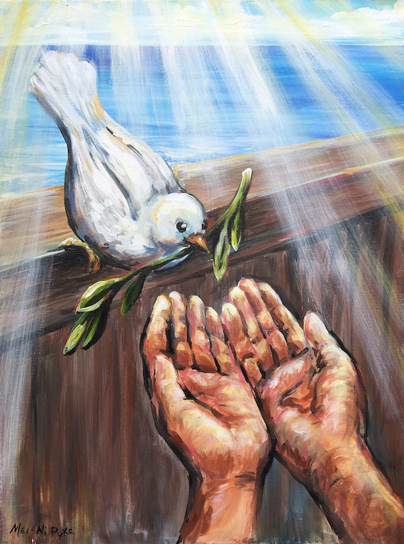 Noah S Ark Hands With White Dove And Olive Branch Original Etsy