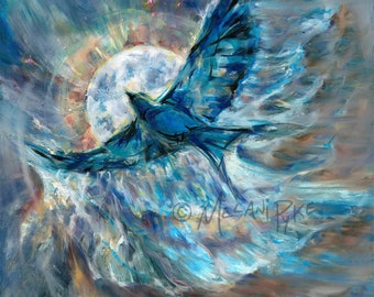 Blue Moon Bird - Abstract Original Oil Painting or Print; Spiritual Art by International Artist Melani Pyke
