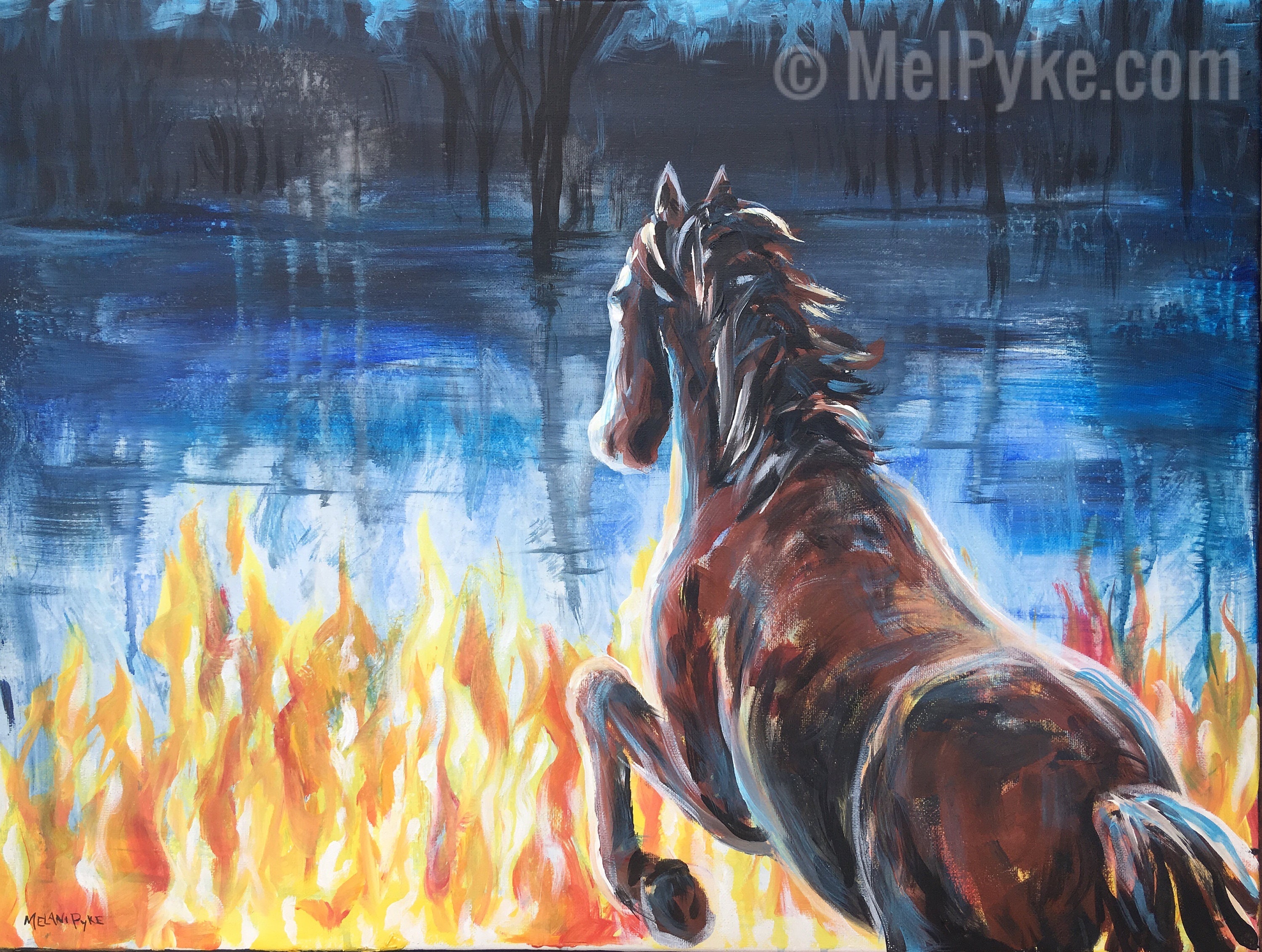 HORSE 油絵アート Horse Jumping Over Flames Original Painting 16x20 Canvas