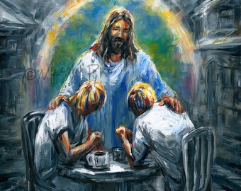 Coffee with Jesus Original Acrylic Painting on Canvas, Cupped Hands Dripping Raindrops Making Ripples in Soft Greys, Prints Available