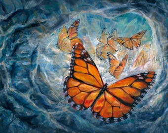 Monarch Emerging - Original Oil Painting or Print on Paper or Canvas of Orange Butterflies Flying Up to Sky Modern Art by Artist Melani Pyke