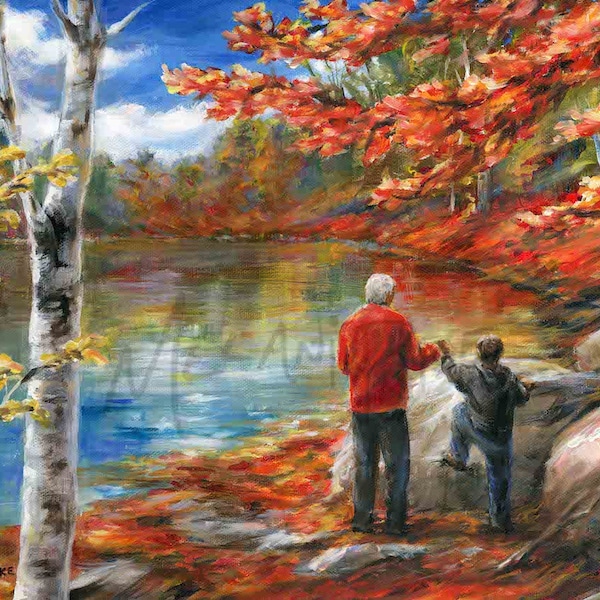 Autumn Landscape Painting with Grandfather and Child, Original Art or Print, Realistic Birch Fall Trees, Red, Family Hiking by Pond, Rocks