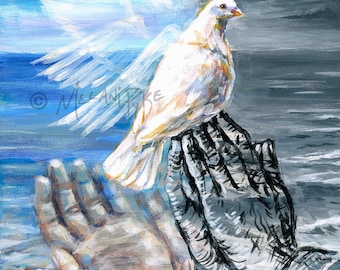 White Dove With Praying Hands Opening Over Beach, Christian Faith Spiritual Modern Art by Melani Pyke