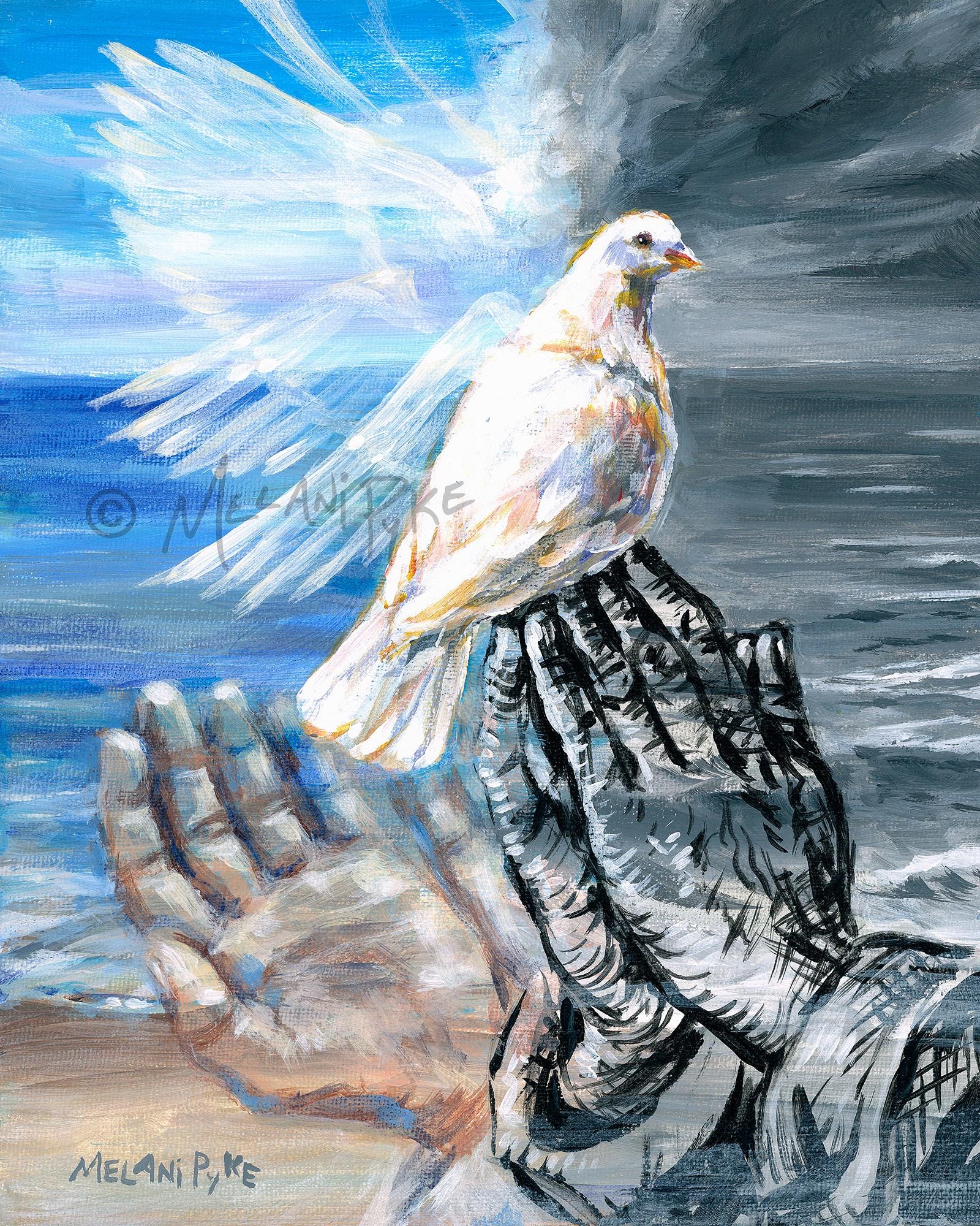 White Dove With Praying Hands Opening Over Beach, Christian Faith
