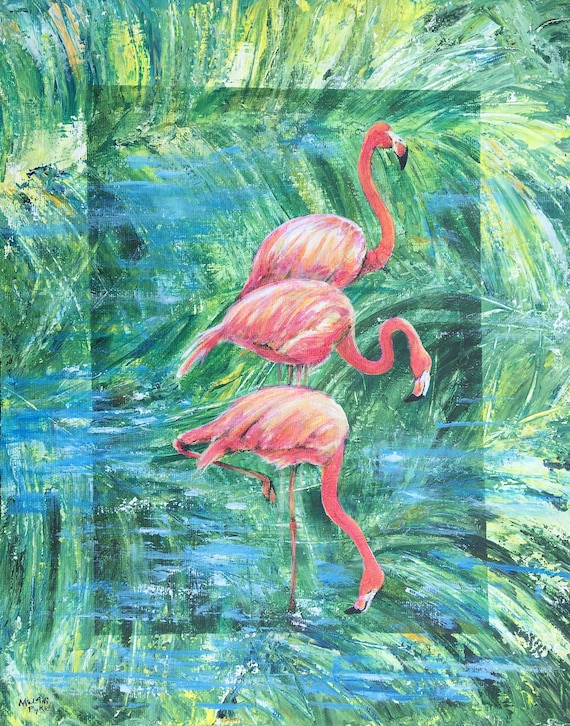 K*Z様 【フラミンゴ】アクリル画 F3 風景画 絵画 16x20 キャンバスに描かれた素晴らしいフラミンゴのオリジナル絵画 3
