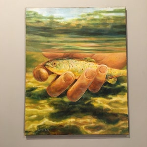 Peixe na mão pintura a óleo original em tela 16x20 pescador subaquático arte inspiradora da vida selvagem
