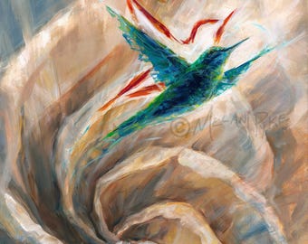 Hummingbird Spiral Flower - Original Oil Painting or Print on Paper or Canvas - Abstract Bird Modern Art by Artist Melani Pyke