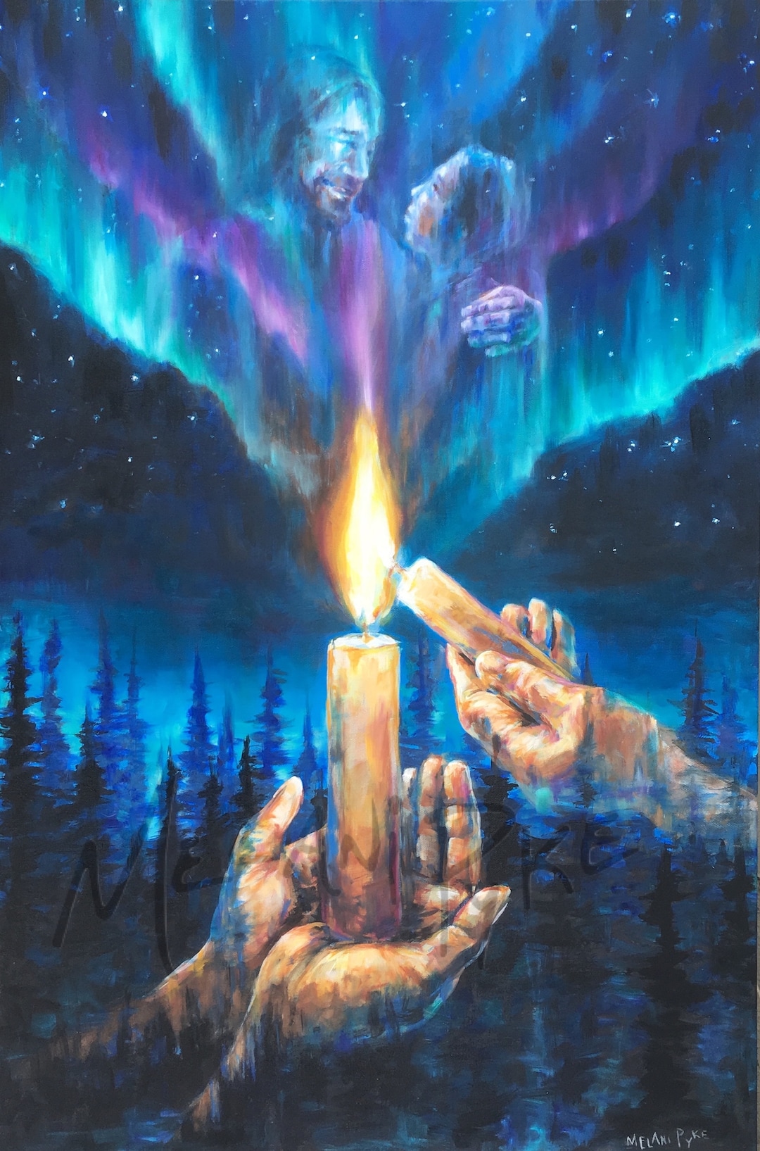 Light Your Candle Original Acrylic/ Oil Painting or Print, Father/son, Northern Lights, Pine