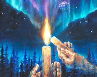 Light Your Candle Original Acrylic/ Oil Painting or Print, Father/Son, Northern Lights, Pine Forest