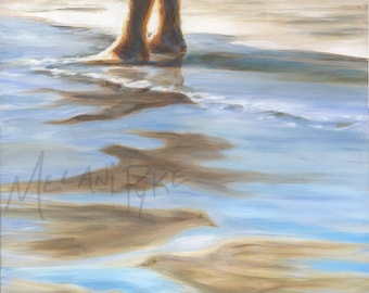 Finding Hope in Shallow Water Acrylic Painting of Sandy Beach Shoreline with Feet, Reflections & Birds, Modern Realist Art, Prints Available