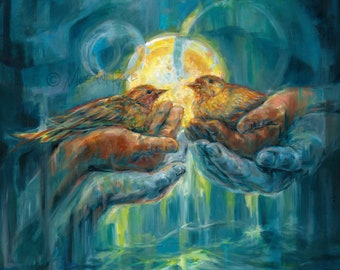 Oiseaux dans les mains Peinture originale ou impression par l’artiste Melani Pyke - Art spirituel main tenant oiseau en turquoise avec lune jaune