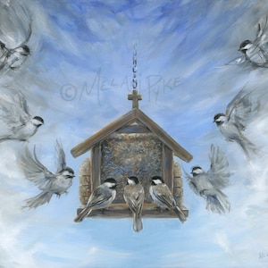 Chickadees at Bird Feeder Art Print on Paper or Stretched Canvas, Inspirational Surrealist Spiritual Christian Art