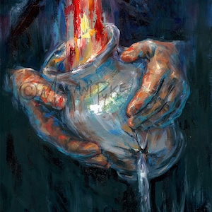 May include: A painting of a hand pouring liquid from a white pitcher into a blue pitcher. The background is a dark blue with a red cross.