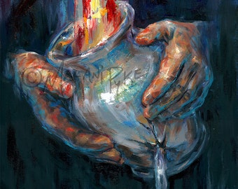 Through Broken Pots - Modern Art Original Oil Painting or Print, Cross and God's Hands Pouring Water from Cracked Vase, Wall Decor Vertical