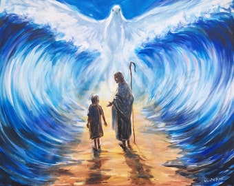 Making a Way Fine Art Print of Jesus Christ & Child, Parting Waters, White Dove / Christian Art Spiritual Religious