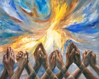 一緒に祈る - オリジナル絵画または版画 - 青と黄色のシュル