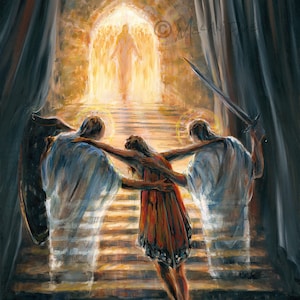 Entering Heaven with Broken Wings, Original Oil Painting or Print, Spiritual Warfare Christian Art with Angels Ascending Stairway to Jesus