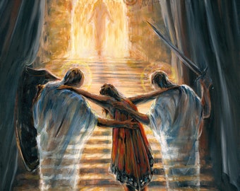 May include: A painting depicting a woman being led by two figures towards a bright light. The woman is wearing a red dress and is chained at the ankles. The figures are wearing white robes and are holding swords. The light is coming from a doorway that is surrounded by a crowd of people.