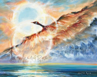 Air & Water Canada Goose Oil Painting or Print - Inspirational Abstract Art with Sky Water and Bird in Flight